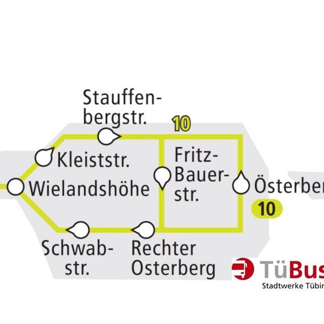 Stauffenbergstraße, Kleiststraße, Wielandshöhe, Schwabstraße, Rechter Osterberg, Fritz-Bauerstraße und Österberg. Die Linie hat die Nummer 10, die in verschiedenen Bereichen der Karte markiert ist. In der Ecke befindet sich das Logo von TüBus, dem Stadtwerke Tübingen.